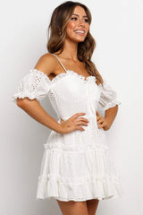 Ruffle Sleeved Openwork Flare Beach Mini Dress