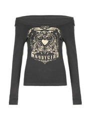 Vintage Heart Print Off Shoulder Long Sleeve Tee