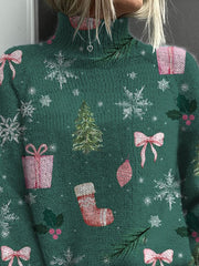 Watercolor Christmas Pattern Printed Knit Turtleneck Pullover Sweater