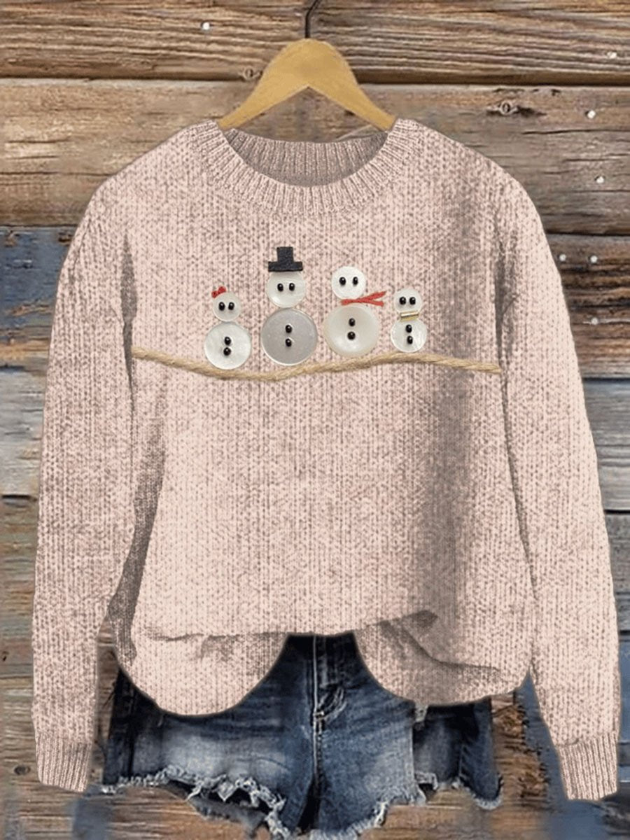 Christmas Snowman Embroidery  Print Knit Pullover Sweater
