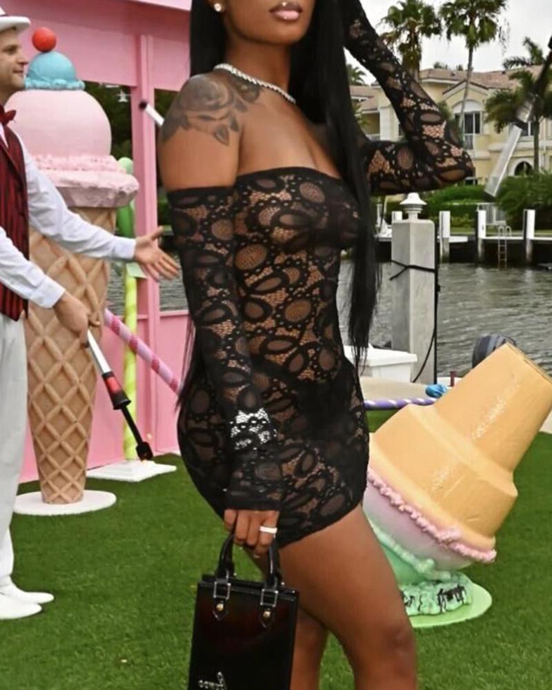 Solid Eyelet Embroidery Sheer Thumb Hole Off Shoulder Mini Dress With Panty