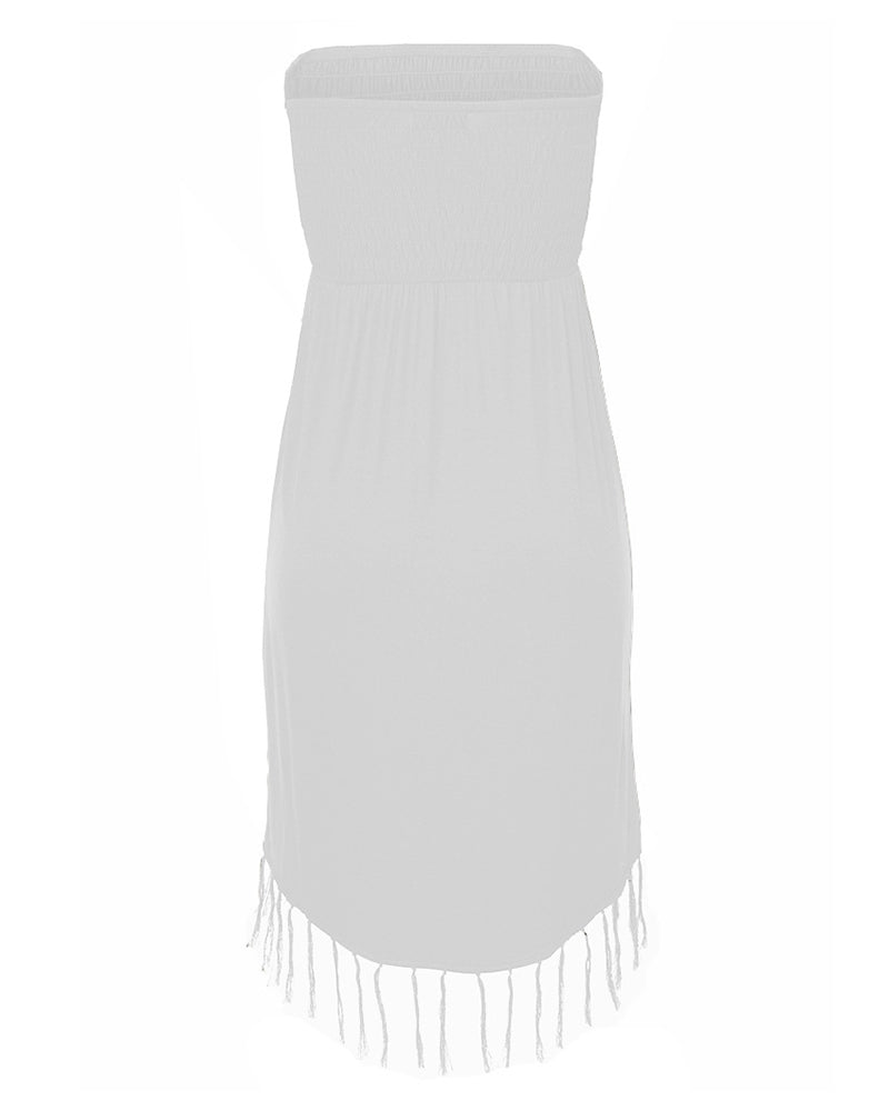 Shirred Panel Fringe Hem Strapless Dress