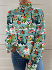 Lovely Christmas Dinosaur Floral Art Print Knit Turtleneck Pullover Sweater
