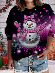 Sparkling Snowman Printed Long Sleeve Casual Top