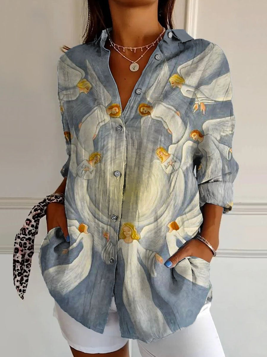 Lovely Christmas Angel Art Print Casual Cotton Shirt