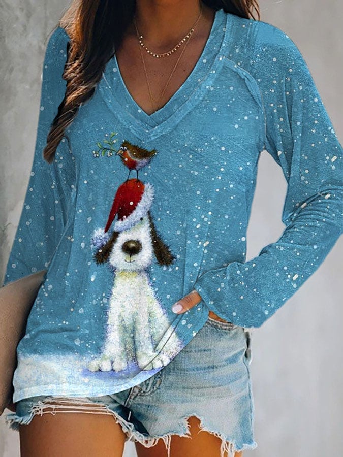 Christmas Dog Print V-Neck Top