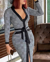 High Slit Plaid Long Sleeve Plunge Maxi Dress