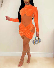 Solid Criss Cross Sheer Contrast Mesh Bodycon Mini Dress