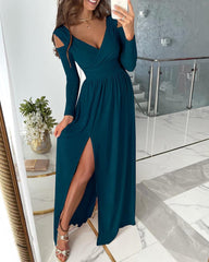 Solid Split Thigh Overlap Cold Shoulder Maxi Dress