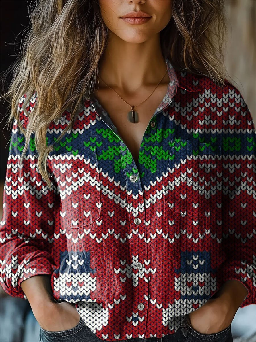 Retro Christmas Atmosphere Print Casual Long Sleeve Comfortable Cotton Shirt