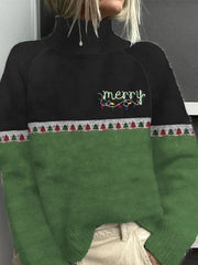 Merry Christmas Print Casual Turtleneck Top