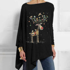 Abstract Christmas Deer Printed Casual Mid-Length Women's Tops