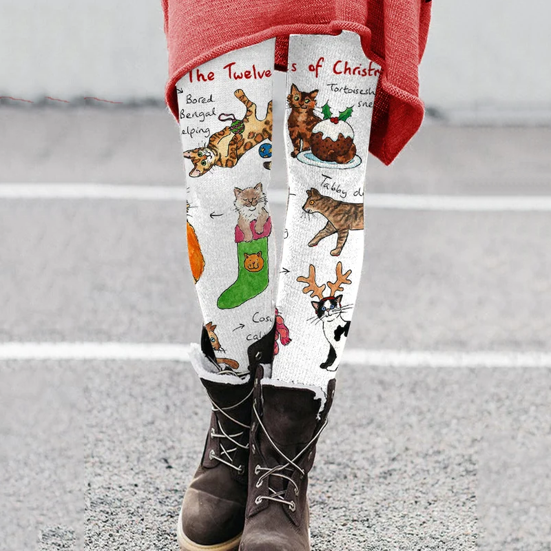 The Twelve Cats Of Christmas Print Casual Casual Leggings