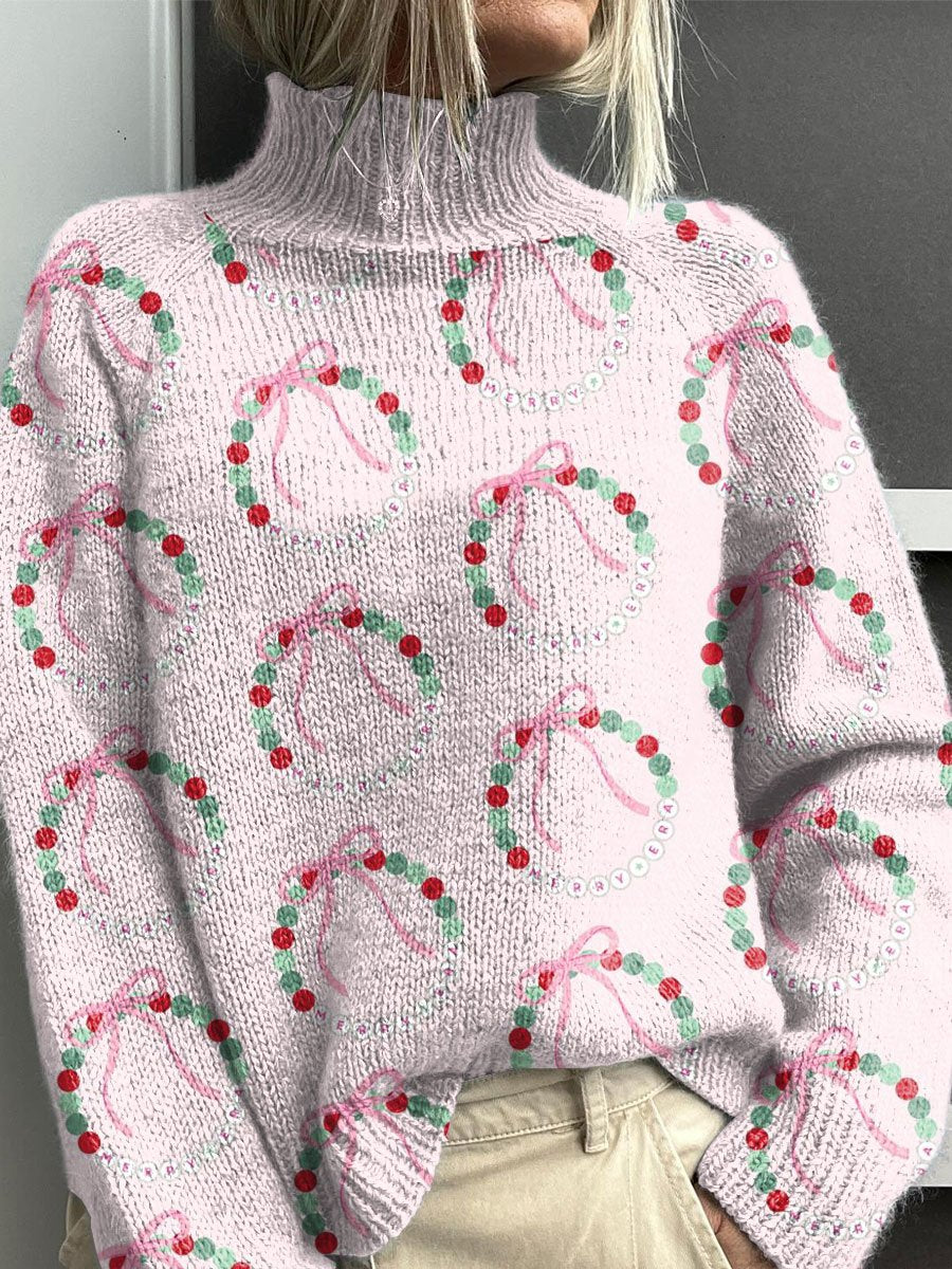 Pink Christmas Print Knit Turtleneck Pullover Sweater