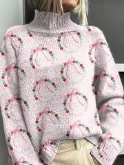 Pink Christmas Print Knit Turtleneck Pullover Sweater