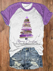 Merry Christmas Tree Printed Raglan S   leeve T-shirt