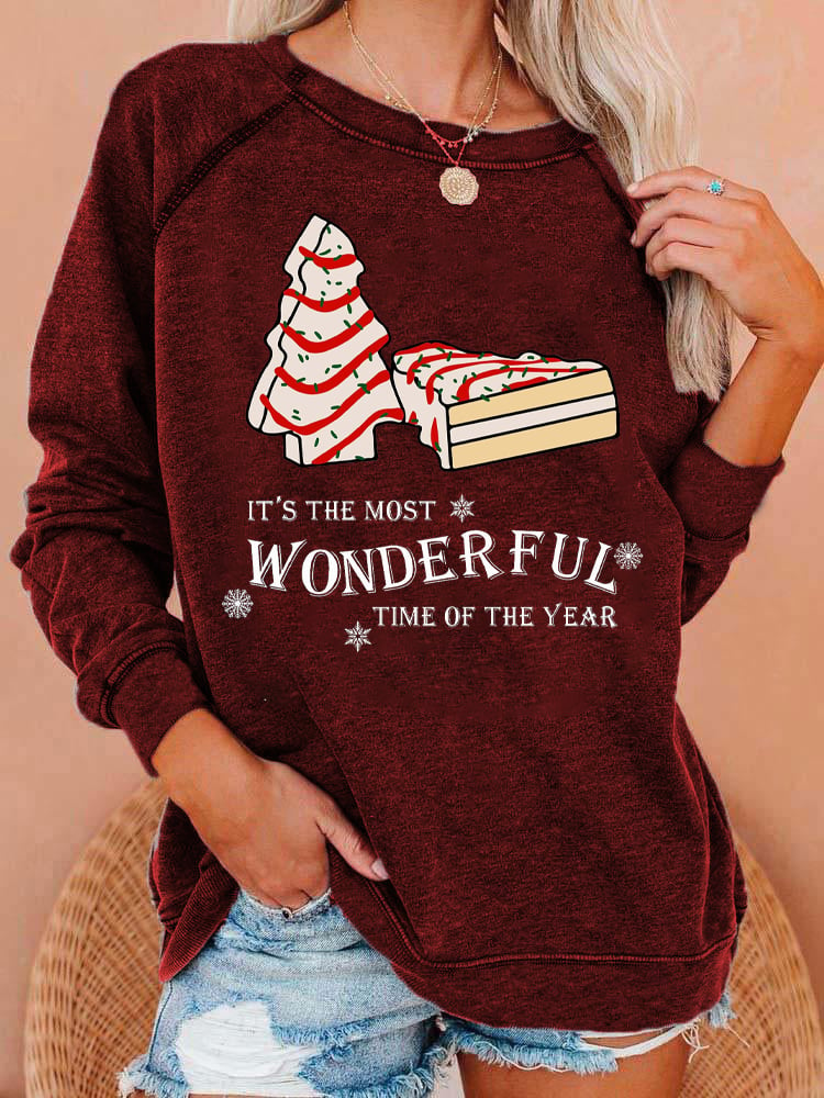 Christmas Tree Cake Print Casual Crewneck Sweatshirt