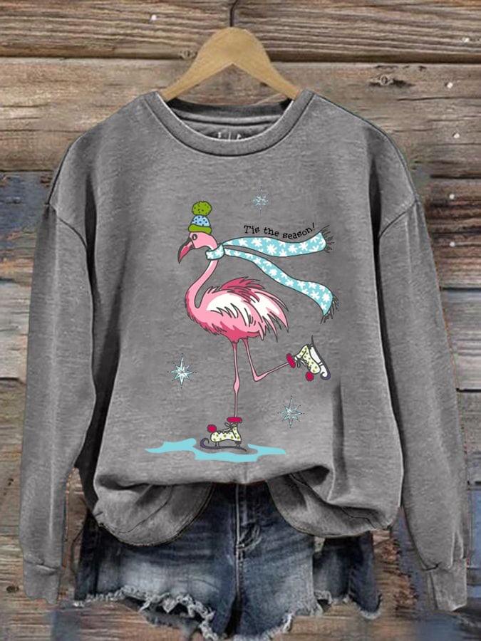 Christmas Flamingo Print Crew Neck Sweatshirt