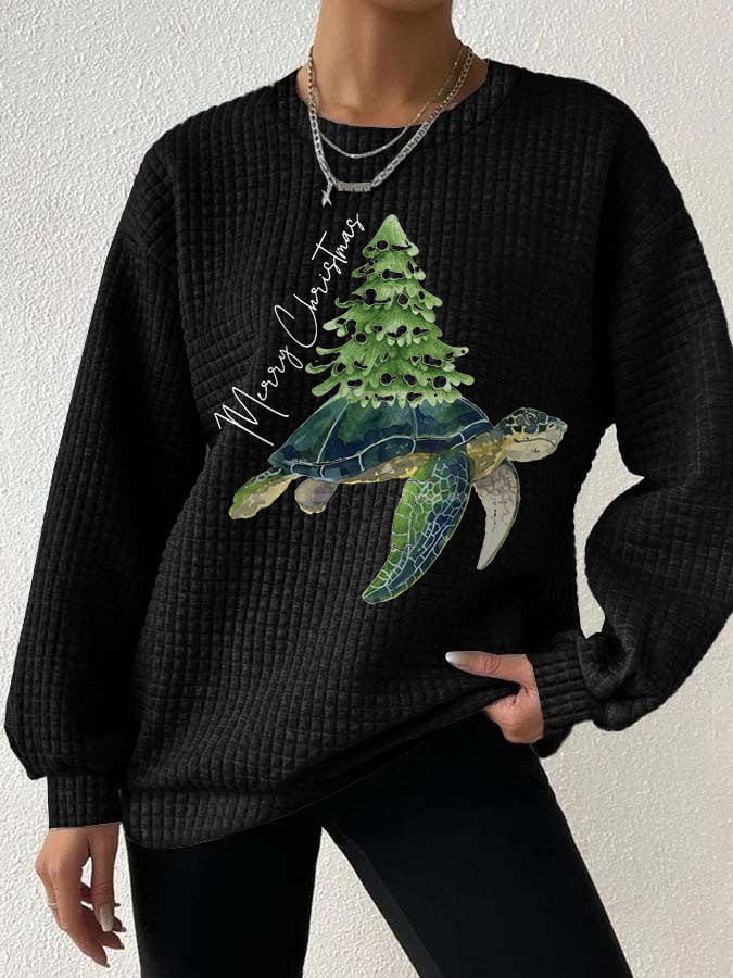 Merry Christmas Turtle Christmas Tree Waffle Sweatshirt