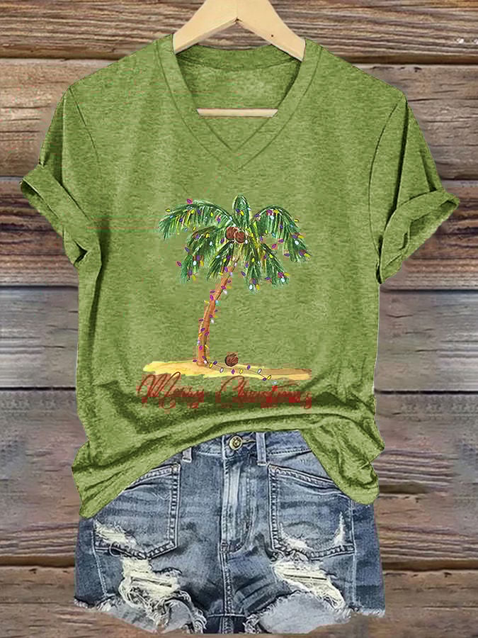 Retro Palm Tree Merry Chrismas Print T-Shirt
