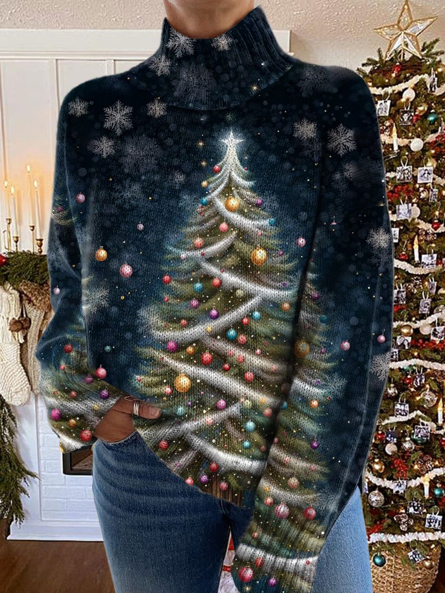 Glitter Christmas Tree Print Knit Turtleneck Pullover Sweater