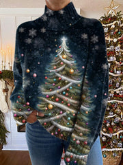 Glitter Christmas Tree Print Knit Turtleneck Pullover Sweater