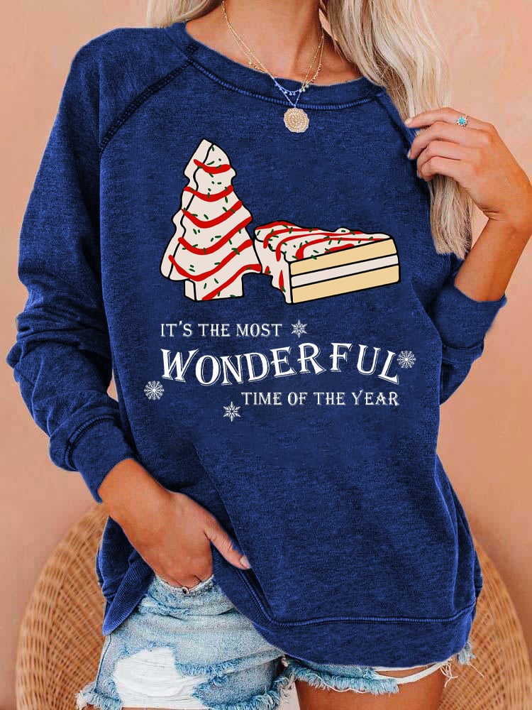 Christmas Tree Cake Print Casual Crewneck Sweatshirt