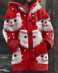 Cat Christmas Embroidery Print Casual Hooded Cardigan