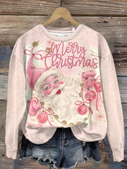 Vintage Pink Santa Print Long Sleeve Sweatshirt
