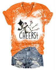 Women Cheers Christmas Drunk Snowman Print T-Shirt