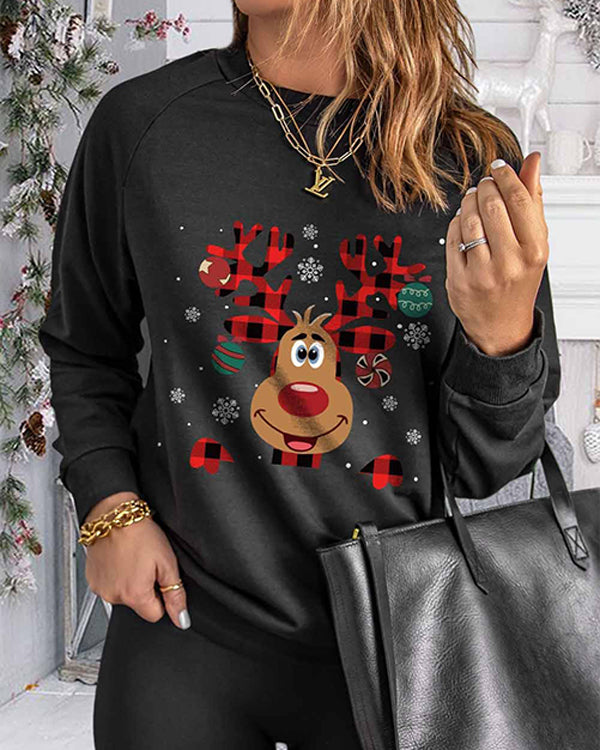 Christmas Plaid Cartoon Elk Print Sweatshirt