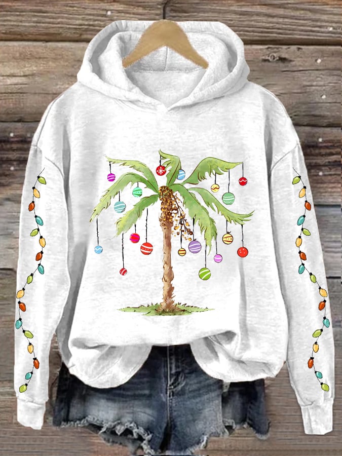 Christmas Palm Tree Print Hooded Sweatshirt