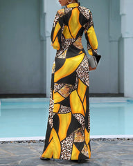 Cheetah Print Colorblock Twisted High Slit Shirt Dress