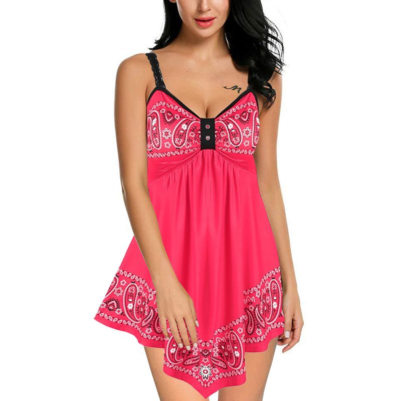Paisley Print Contrast Lace Hanky Hem Mini Dress