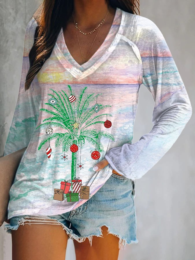 Florida Merry Christmas Beach Palm Trees V-Neck Long Sleeve T-Shirt