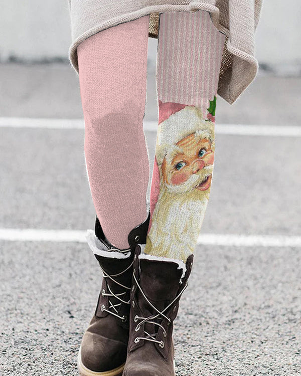 Light Pink Striped Santa Leggings