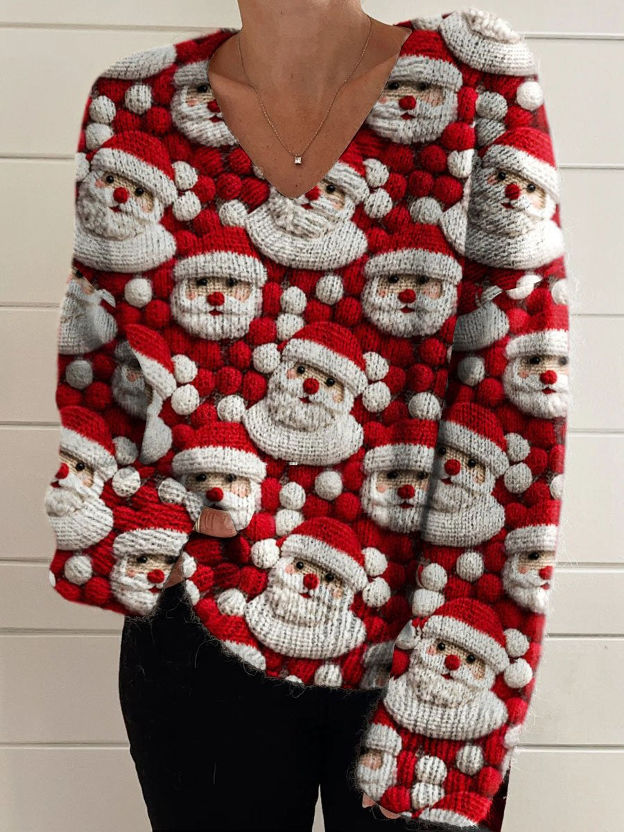 Santa Christmas Print Casual V-neck Pullover Knit