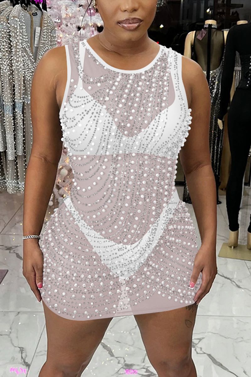 Contrast Mesh Rhinestone & Faux Pearls Decor Bodycon Dress
