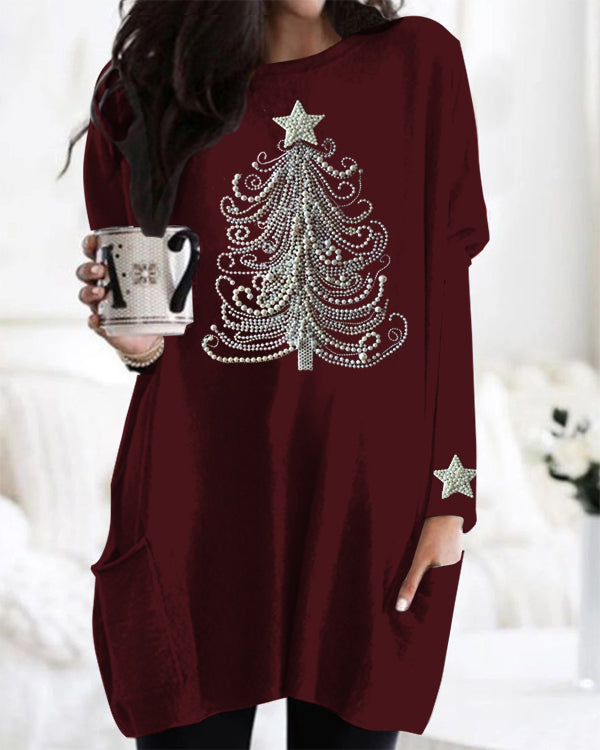 Vintage Christmas Tree Jewelry Print Casual Midi Top