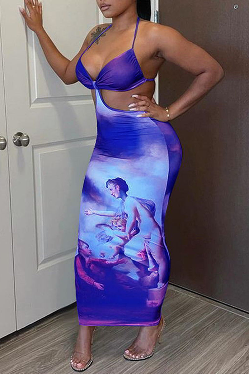 Classical Painting Print Cut Out Ruched Long Dress