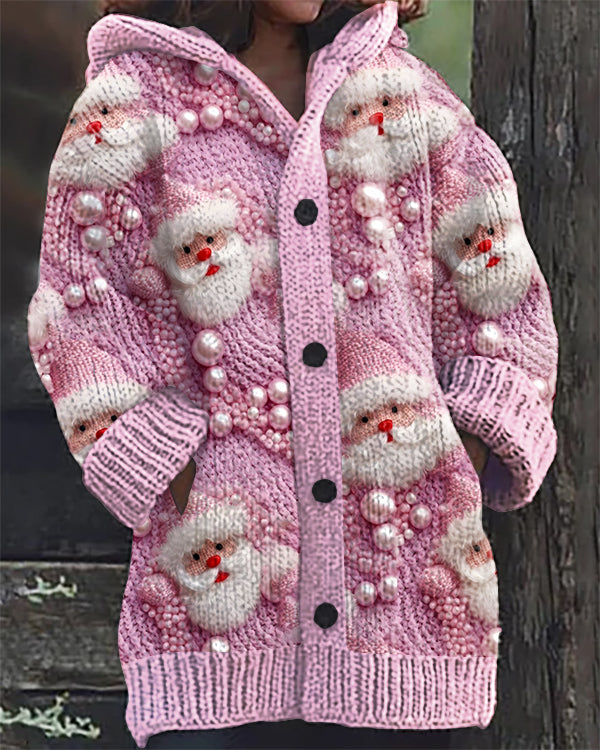 Christmas Pink Santa Claus Print Casual Hooded Cardigan