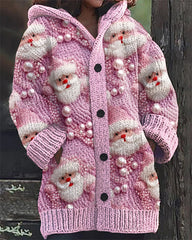 Christmas Pink Santa Claus Print Casual Hooded Cardigan