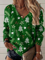 Christmas Tree Art Print Knit V-neck Pullover Sweater