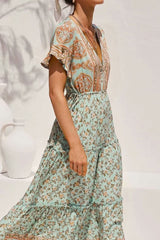 Ruffle Sleeve High Waist Bohemian Print Maxi Dress