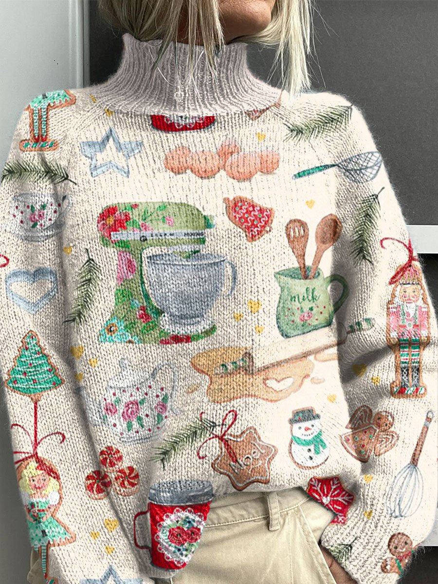 Christmas Pattern Art Print Knit Turtleneck Pullover Sweater