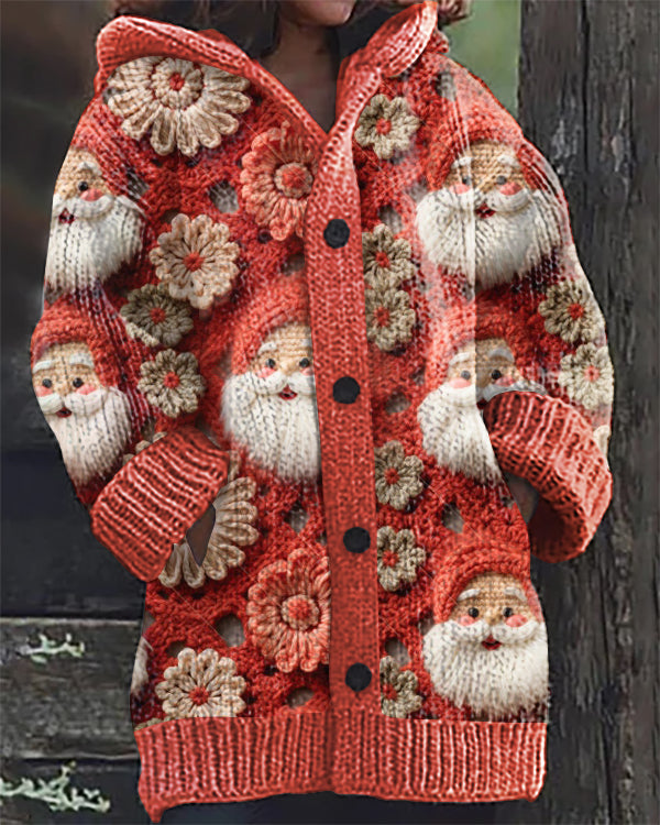 Christmas Santa Claus Embroidery Print Casual Hooded Cardigan