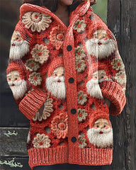 Christmas Santa Claus Embroidery Print Casual Hooded Cardigan