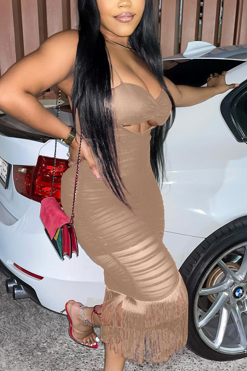 Mesh Insert Cut Out Fringe Trim Cami Dress
