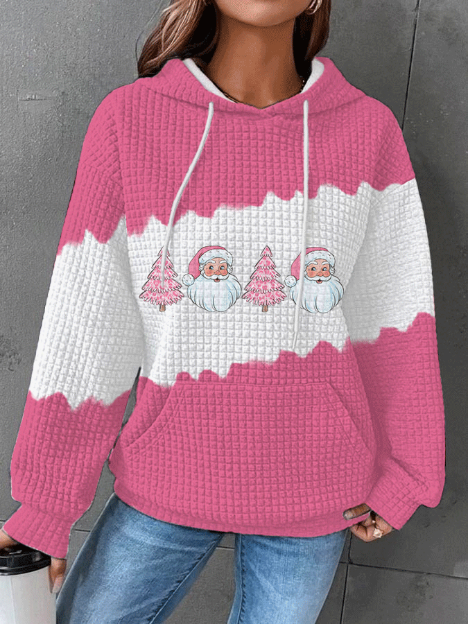 Women's Santa Claus Christmas Tree Print Waffle Sweatshirt Hoodie