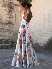 White V Neck Backless Floral Chiffon Boho Summer Maxi Dress